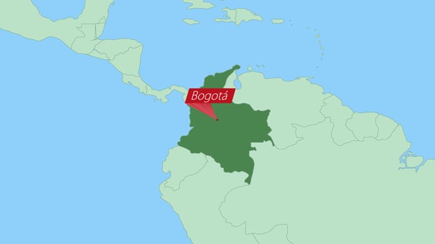 Map of Colombia with pin of country capital. vector