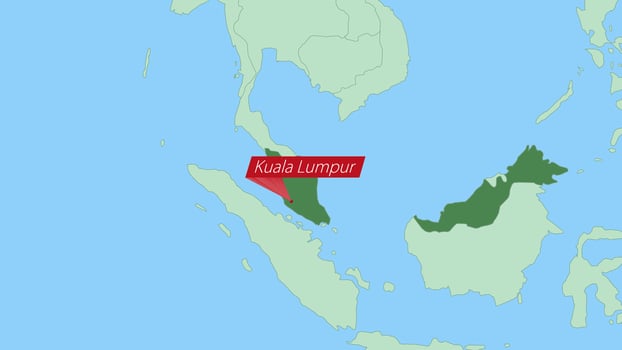 Map of Malaysia with pin of country capital. vector