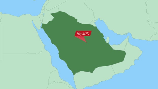 Map of Saudi Arabia with pin of country capital. vector