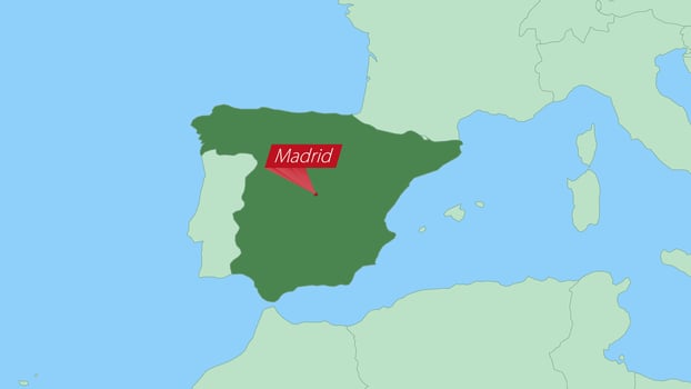 Map of Spain with pin of country capital. vector