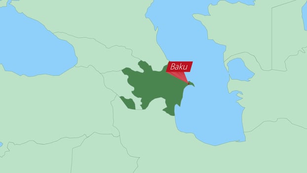Map of Azerbaijan with pin of country capital. vector
