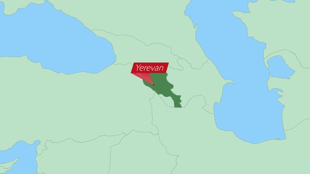 Map of Armenia with pin of country capital. vector