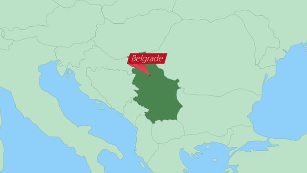 Map of Serbia with pin of country capital. vector