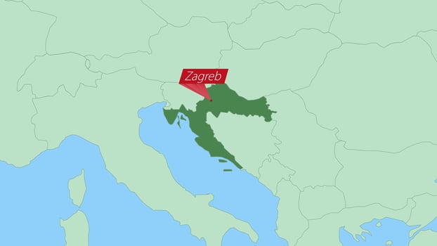 Map of Croatia with pin of country capital. vector