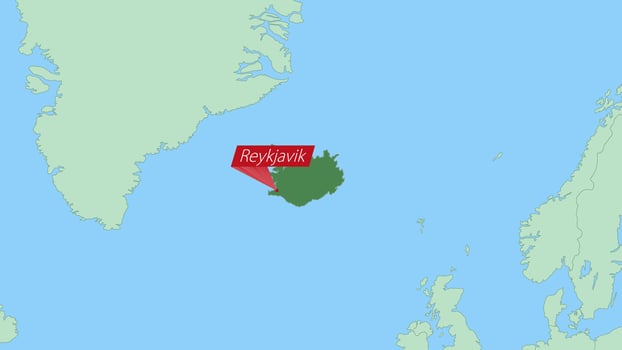 Map of Iceland with pin of country capital. vector