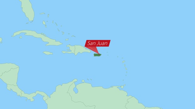Map of Puerto Rico with pin of country capital. vector