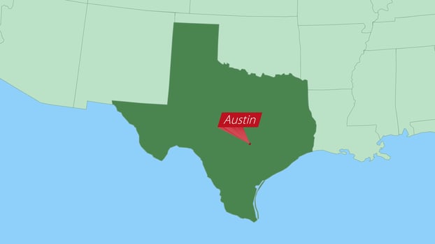 Map of Texas with pin of country capital. vector