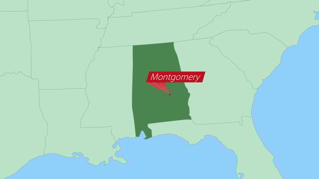 Map of Alabama with pin of country capital. vector