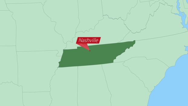 Map of Tennessee with pin of country capital. vector