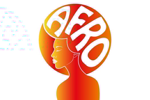 Portrait African American Woman, dark skin female face with Afro curly hair, ethnic beauty logo design, hair style salon concept, orange color, vector isolated or white background
