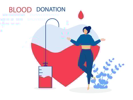 Volunteer woman donating blood near heart. Donor. Concept of donation, charity, world blood donor day, health care. Vector illustration in flat design for background, banner, card