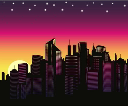 Panoramic city skyline at sunset with view light stars on sky. Vector background