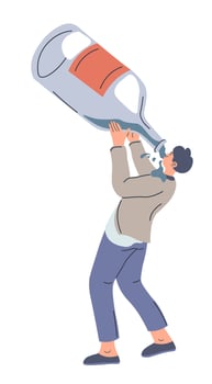 Alcohol addiction, man drinking from huge bottle vector