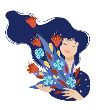 Portrait of smiling woman holding bouquet vector