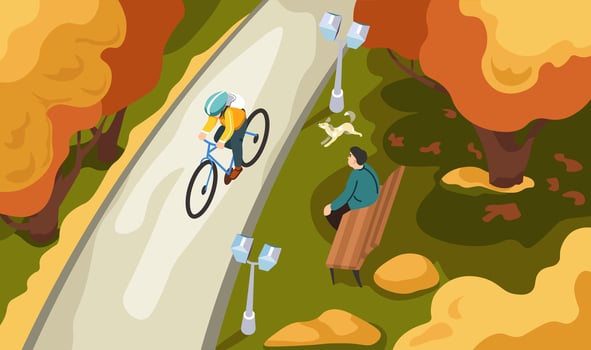 Personage riding bike in autumn park or forest vector