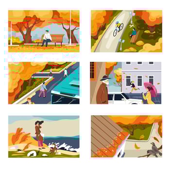 Autumn park path and people, seasonal weather vector