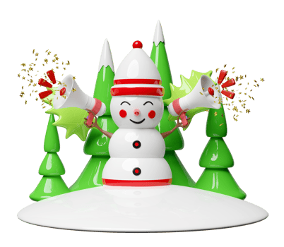 3d snowman holds megaphone or hand speaker with christmas tree. announce promotion news, merry christmas and festive New Year, 3d render illustration png