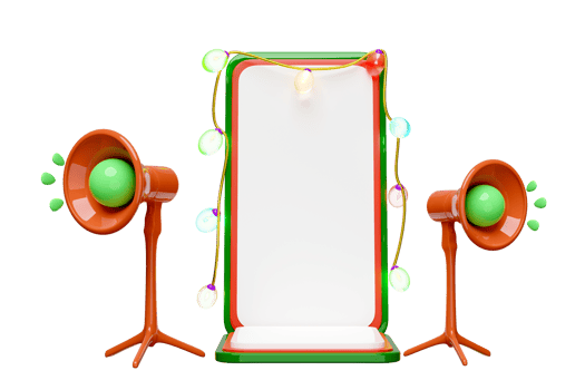 3d mobile phone, smartphone with glass transparent lamp, megaphone, party banner, announce promotion news. merry christmas and happy new year, online shopping, 3d render illustration png
