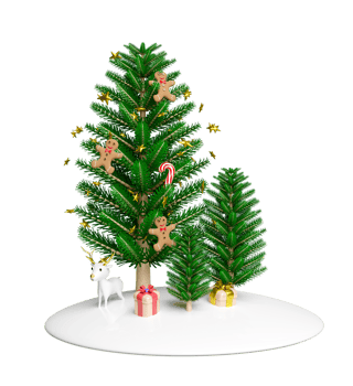 Christmas tree with decorations, gingerbread man, candy cane, gift box, deer, snow hill. merry christmas and happy new year, 3d render illustration png