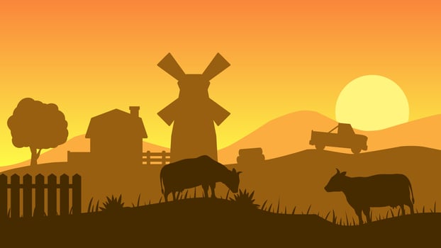 Countryside in sunset landscape vector illustration. Farm silhouette landscape with livestock, windmill and barn. Rural agriculture silhouette for background, wallpaper or landing page