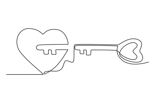 Continuous one line drawing cute pair heart shaped key and keyhole fit on puzzle symbol. Romantic, love, relationship couple mate marriage concept. Single line draw design vector graphic illustration