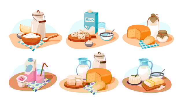 Dairy products set. Organic homemade food. Cartoon vector illustration