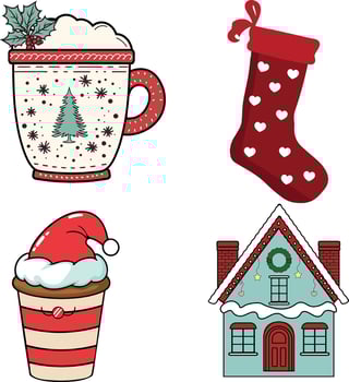 set of Christmas elements, charismas collection, charismas stocking, charismas cup, charismas coffee, charismas house vector