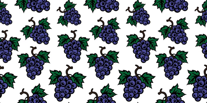 Seamless pattern, bunch of grapes with leaves, wine vine, doodle hand drawing, colorful elements on white background vector