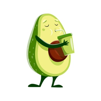 Cartoon avocado character drinking smoothie juice vector