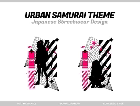 urban samurai. Samurai vector silhouette for design t-shirt concept. Japanese streetwear t-shirt design. silhouette for Japanese theme. samurai streetwear t-shirt. cyberpunk theme samurai.