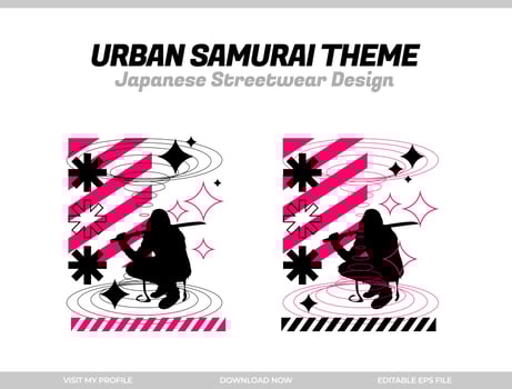 urban samurai. Samurai vector silhouette for design t-shirt concept. Japanese streetwear t-shirt design. silhouette for Japanese theme. samurai streetwear t-shirt. cyberpunk theme samurai.