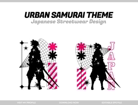 urban samurai. Samurai vector silhouette for design t-shirt concept. Japanese streetwear t-shirt design. silhouette for Japanese theme. samurai streetwear t-shirt. cyberpunk theme samurai.