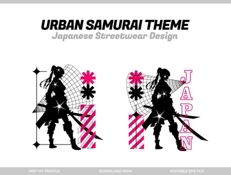 urban samurai. Samurai vector silhouette for design t-shirt concept. Japanese streetwear t-shirt design. silhouette for Japanese theme. samurai streetwear t-shirt. cyberpunk theme samurai.