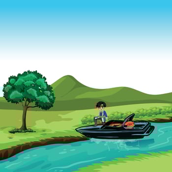 Ocean scenery with boy on motor boat vector