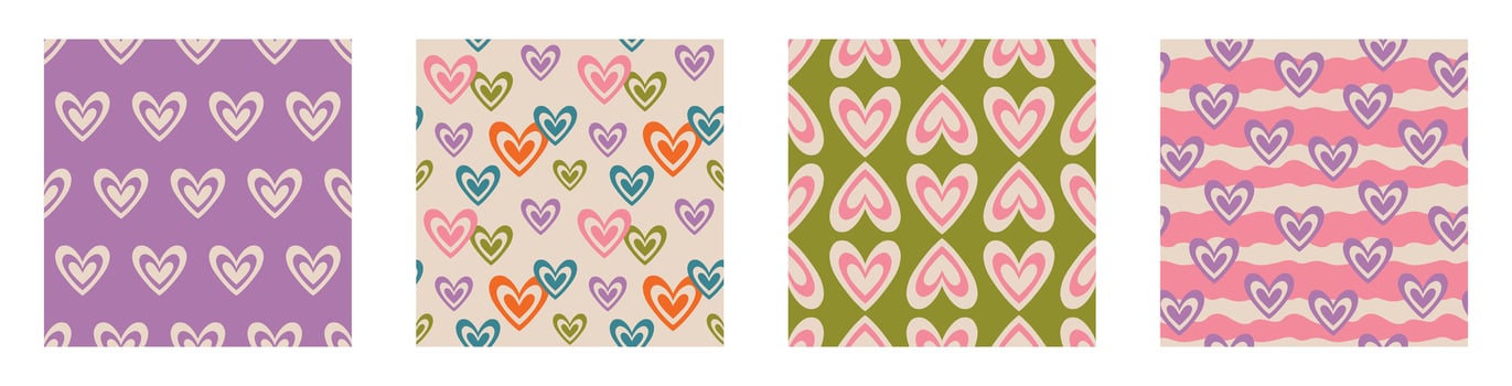 Aesthetic Retro Romantic printable groovy hearts seamless pattern. Decorative Hippie Naive 60's, 70's style Vintage modern background in minimalist style for fabric, wallpaper or wrapping vector