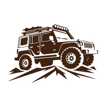 A logo of off road jeep 4x4 car silhouette visit mountain concept isolated icon vector brown jeep