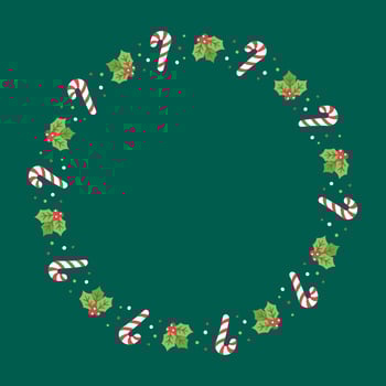 Round Christmas Frame Border, Winter Holiday Graphics. Cute Mistletoe and Candy Cane pattern, card and social media post template vector illustration.