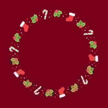 Round Christmas Frame Border, Winter Holiday Graphics. Cute Mistletoe, Santa Stocking and Candy Cane pattern, card and social media post template vector illustration.
