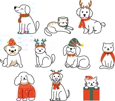 Set of Christmas cats and puppies wearing winter accessories like hats and scarves. Vector illustrations of cute animal faces in festive outfits display various emotions in a colorful cartoon style.