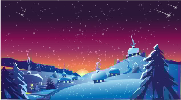 Snowflakes falling from sky on the village with beautiful sunset. Winter is coming. vector