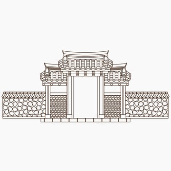 Editable Outline Style Vector Illustration of Traditional Korean Hanok Gate Building for Artwork Element of Oriental History and Culture Related Design