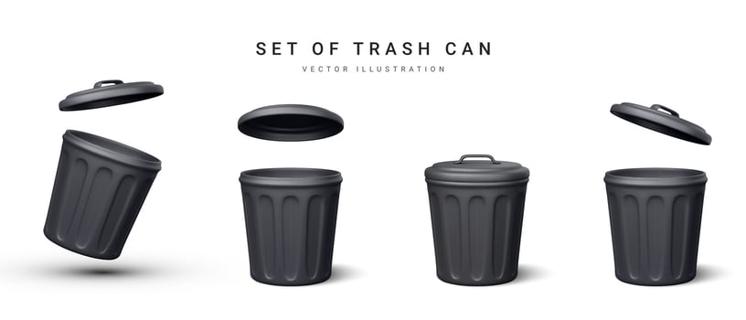 Set of 3d realistic black trash can on white background. Vector illustration