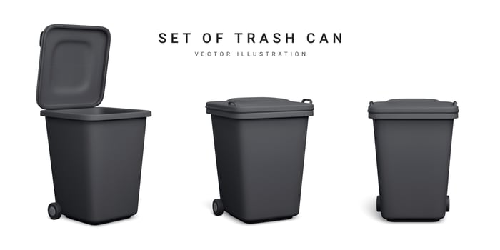 Set of 3d realistic black trash cans isolated on white background. Vector illustration