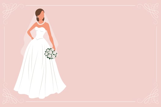 Bride in a white wedding dress with a bouquet of flowers. Luxury wedding banner template for invitation. Illustration, vector