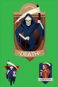 Angel of Death. Death with crescent emblem design. Colorful elements with framework in black hooded dress. Horror and myth concept for symbol and label template vector