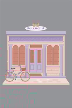 Cute dollhouse with pink furniture. doors windows and bicycles. purple and pink colors vector