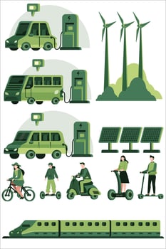 Environmentally friendly transportation. Electric car at charging station. bicycles, scooters, trains. Vector vehicle