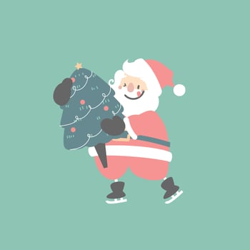 merry christmas and happy new year with cute santa claus holding christmas tree pine in the winter season green background, flat vector illustration cartoon character costume design