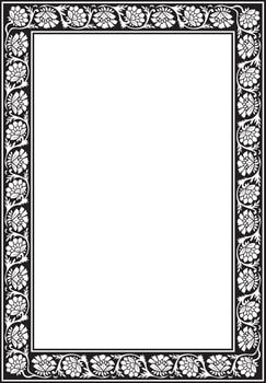 Vector square monochrome black Indian national ornament. Ethnic plant border. Flowers frame. Poppies and leaves