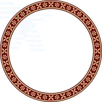 Vector round gold with red Indian national ornament. Ethnic plant circle, border. Frame, flower ring. Poppies and leaves